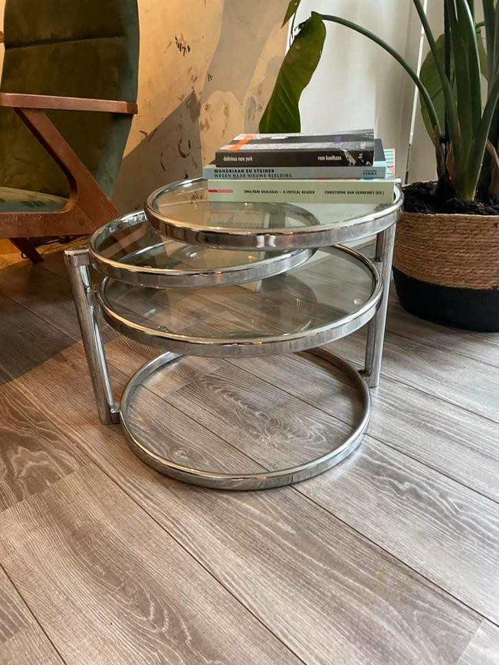Glazen double swivel salontafel draaibaar staal glas, Huis en Inrichting, Tafels | Bijzettafels, Gebruikt, Rond, Minder dan 45 cm