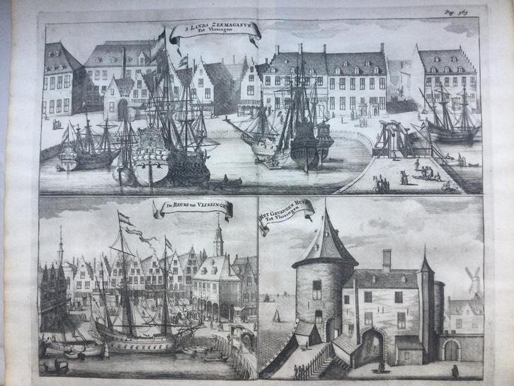 Zeeland. Walcheren, Vlissingen , 3 aangezichten, 1696, Antiek en Kunst, Kunst | Etsen en Gravures, Ophalen