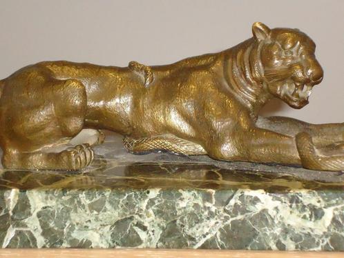 antiek bronzen beeld tijger & vergulde slang brons & marmer, Antiek en Kunst, Kunst | Beelden en Houtsnijwerken, Ophalen of Verzenden