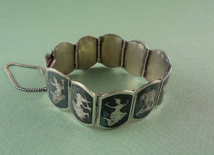 Sterling zilveren Niëllo armband uit Siam, jaren '40, Sieraden, Tassen en Uiterlijk, Armbanden, Gebruikt, Zilver, Zilver, Verzenden