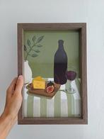 Schilderij wijn en kaasplankje in lijst, Antiek en Kunst, Ophalen of Verzenden