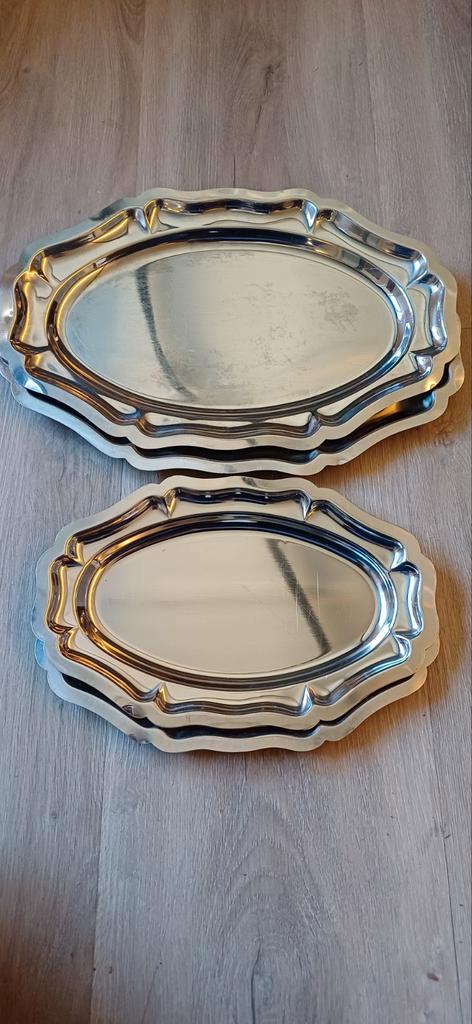 Set van 6 zilverkleurige serveerbladen, Antiek en Kunst, Antiek | Schalen, Ophalen of Verzenden