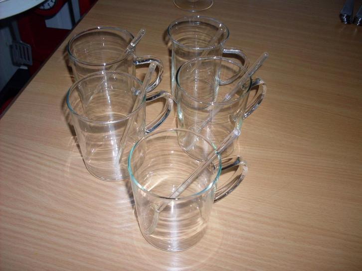 10 delig nieuw set 5 roerspatels en 5 theebekers, Huis en Inrichting, Keuken | Servies, Nieuw, Overige typen, Effen, Glas, Ophalen