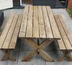 Picknicktafel met twee losse banken, Tuin en Terras, Ophalen, Gebruikt, Rechthoekig, Hout