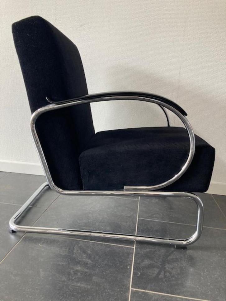 Gispen 407 fauteuils, chroom , zwarte ribstof, 2 in voorraad, Huis en Inrichting, Fauteuils, Zo goed als nieuw, Metaal, Stof, 50 tot 75 cm