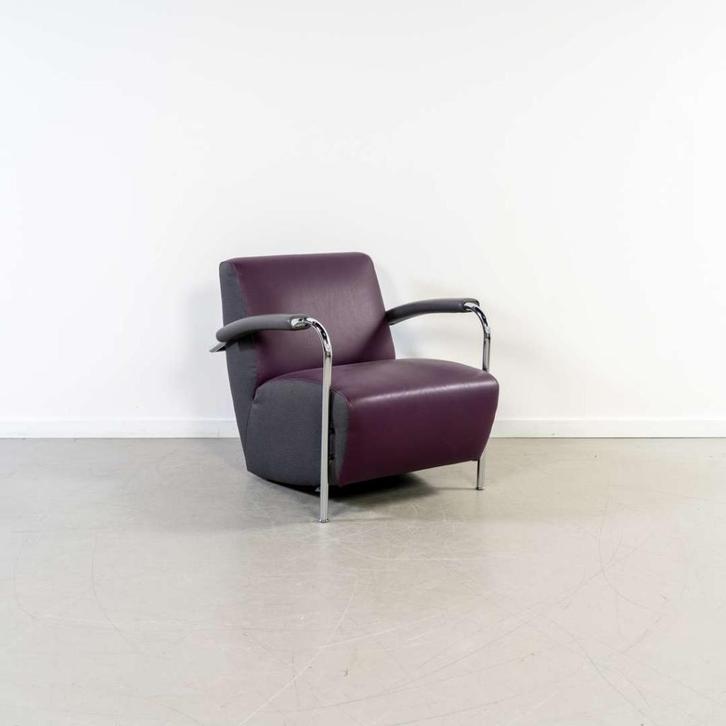 1x Leolux Scylla Fauteuil Laag Paars Leer + Grijs - Chroom, Huis en Inrichting, Fauteuils, Zo goed als nieuw, Leer, Metaal, Stof