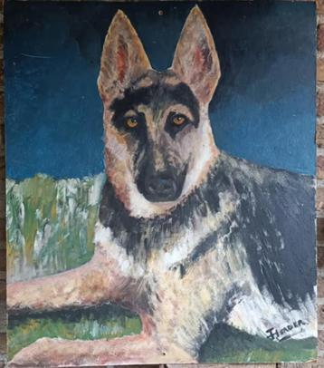 Vintage schilderij herdershond herder hond retro kitsch  beschikbaar voor biedingen