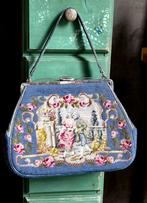 Vintage Geborduurde Handtas tas tafereel man vrouw !, Ophalen of Verzenden, Gebruikt, Blauw, Handtas