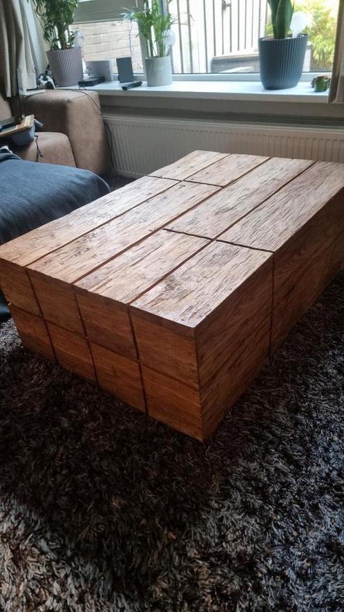 Massief houten salontafel 12080 industrieel grof hout design, Huis en Inrichting, Tafels | Salontafels, Zo goed als nieuw, Minder dan 50 cm
