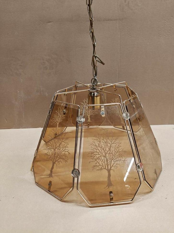 Vintage Rookglas Hanglamp, Huis en Inrichting, Lampen | Hanglampen, Gebruikt, Minder dan 50 cm, Glas, Metaal, Ophalen of Verzenden