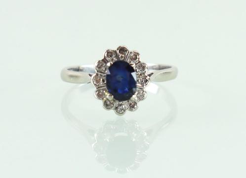 Art Deco witgouden ring saffier diamanten, Sieraden, Tassen en Uiterlijk, Antieke sieraden, Ring, Goud, Met edelsteen, Ophalen of Verzenden
