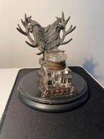 Antieke inktpot met hert en gewei – glas & spelter, Antiek en Kunst, Ophalen of Verzenden