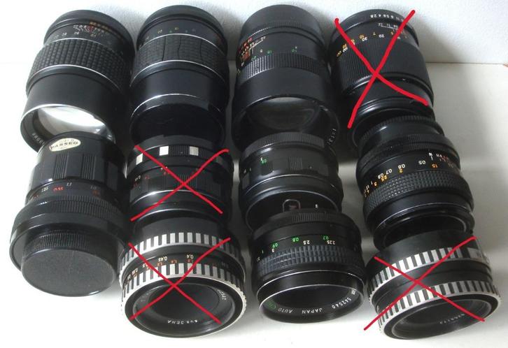 Partij 7 lenzen f = 35 mm, 55 mm en 135 mm goed naar ik denk, Audio, Tv en Foto, Fotografie | Lenzen en Objectieven, Zo goed als nieuw