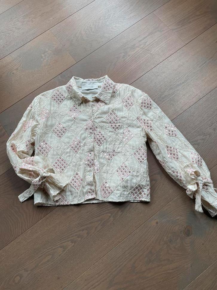 Nukus Blouse - Beige met Roze Pailletten - Maat M, Kleding | Dames, Blouses en Tunieken, Zo goed als nieuw, Maat 38/40 (M), Beige