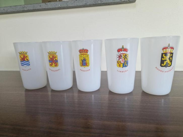 5 stuks NUTRICIA provincie glazen / melkglazen, jaren 70, Huis en Inrichting, Keuken | Servies, Zo goed als nieuw, Glas of Glazen