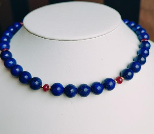 Collier met Lapis Lazuli, rubies en gouden parels, slot 18kt, Sieraden, Tassen en Uiterlijk, Kettingen, Zo goed als nieuw, Goud