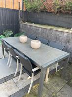 Hardstenen tafel met 6 stoelen, Tuin en Terras, Overige materialen, Gebruikt, 6 zitplaatsen, Ophalen of Verzenden