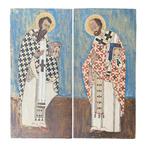 Orthodoxe iconen tweeluik – hout, handbeschilderd, Antiek en Kunst, Antiek | Religie, Ophalen of Verzenden