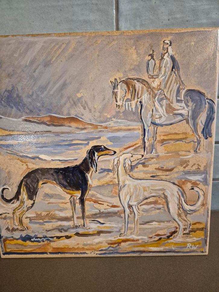 Schildering Hazewindhonden op Vloertegel, Antiek en Kunst, Kunst | Schilderijen | Klassiek, Ophalen of Verzenden