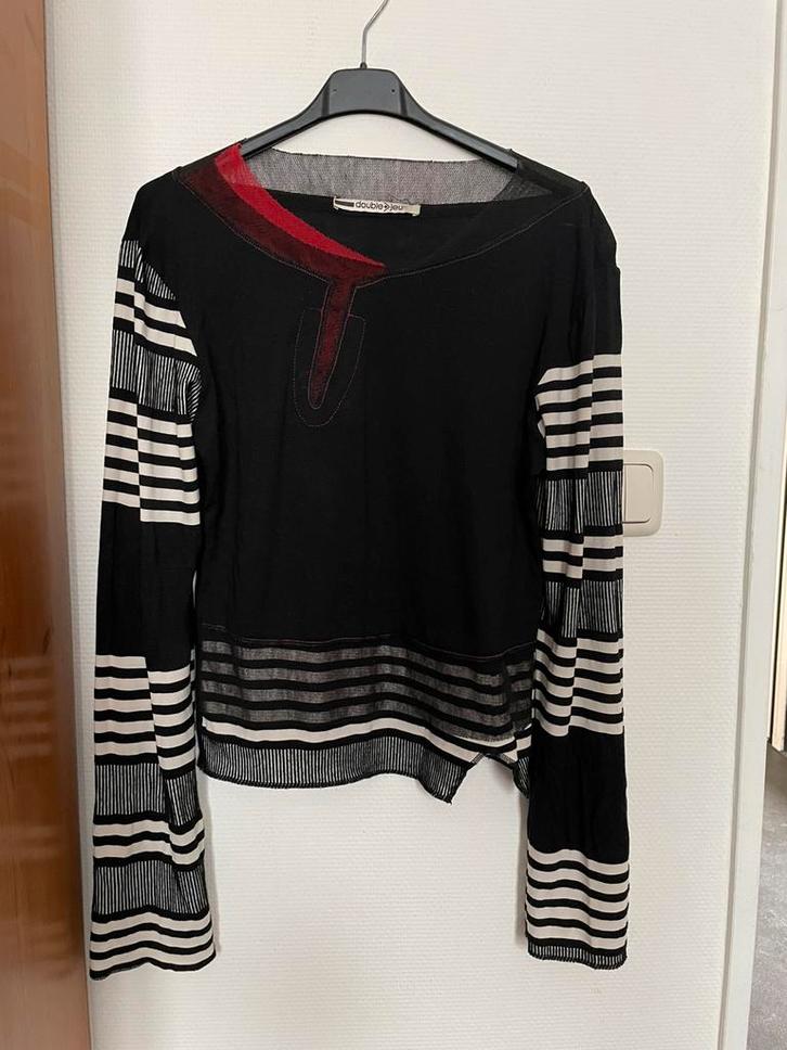 Blouses trui zwart wit strepen rood kant double jeu 36/S 38, Kleding | Dames, Truien en Vesten, Gedragen, Maat 38/40 (M), Zwart