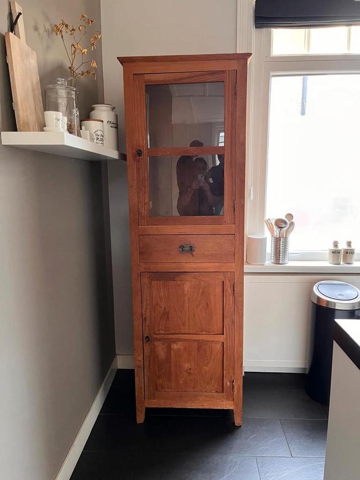 Teakhouten kast met glas en lade, Huis en Inrichting, Kasten | Buffetkasten, Gebruikt, 150 tot 200 cm, 50 tot 100 cm, 25 tot 50 cm