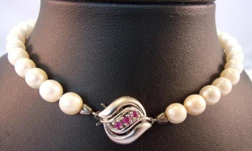 Parelcollier met 14 karaat gouden slot & Robijnen, wit, Sieraden, Tassen en Uiterlijk, Kettingen, Zo goed als nieuw, Goud, Wit