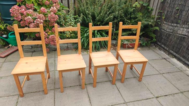 4 Ikea grenen stoelen (gebruikt) - gebeitst, Huis en Inrichting, Stoelen, Gebruikt, Bruin, Ophalen of Verzenden