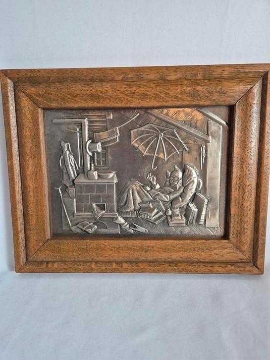 Tinnen reliëf in lijst, Antiek en Kunst, Kunst | Overige Kunst, Ophalen of Verzenden