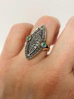 Handvervaardigd Antiek Gouden Markies Ring Diamant / Smaragd, Goud, Goud, Met edelsteen, 17 tot 18