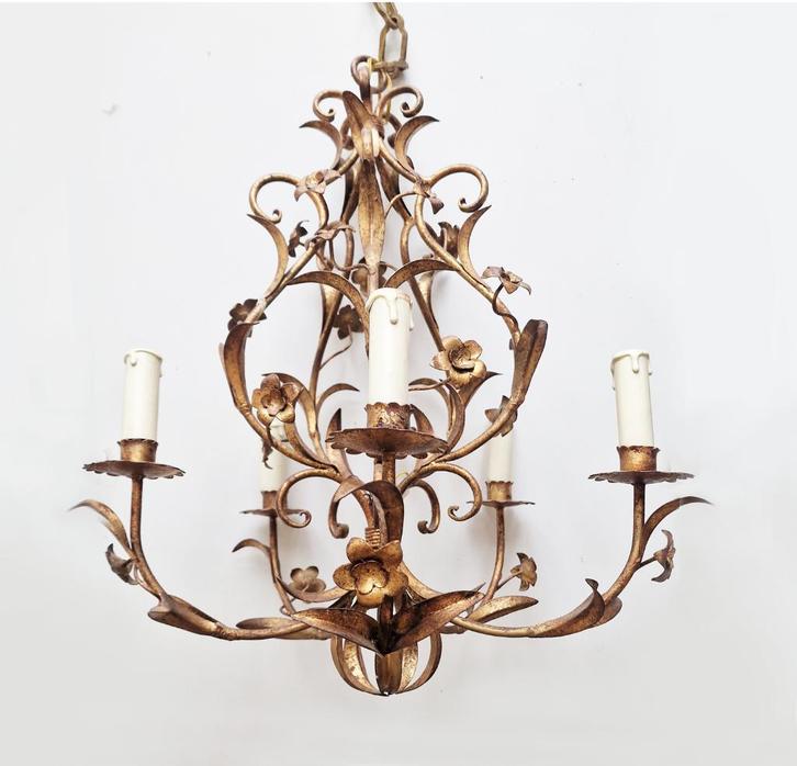 Unieke Florentijnse kroonluchter, handgemaakt, ca. 1960, Huis en Inrichting, Lampen | Kroonluchters, Gebruikt, Metaal, Ophalen of Verzenden