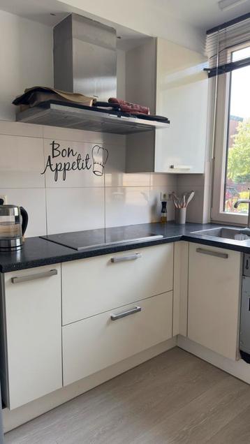 Keuken met werkende inbouwkookplaat, magnetron en oven. beschikbaar voor biedingen