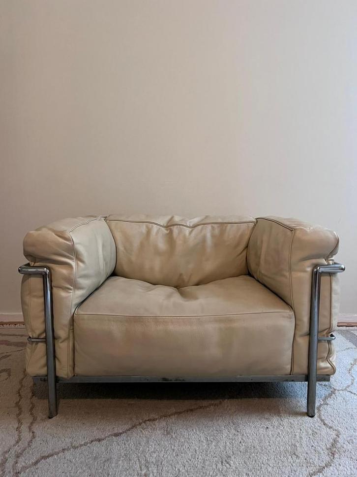 Set Cassina LC3 Le Corbusier Fauteuils - vroege editie, Huis en Inrichting, Fauteuils, Gebruikt, Leer, Metaal, 75 tot 100 cm, Minder dan 75 cm