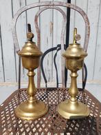 2x antieke koperen Franse Olielampen parafinne lampen Gardon, Ophalen of Verzenden