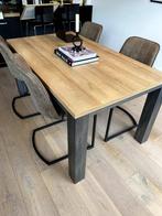 Rectangle Light Wood Dining Table with Green Suede Chairs, Ophalen, Zo goed als nieuw, 4 tot 6 stoelen