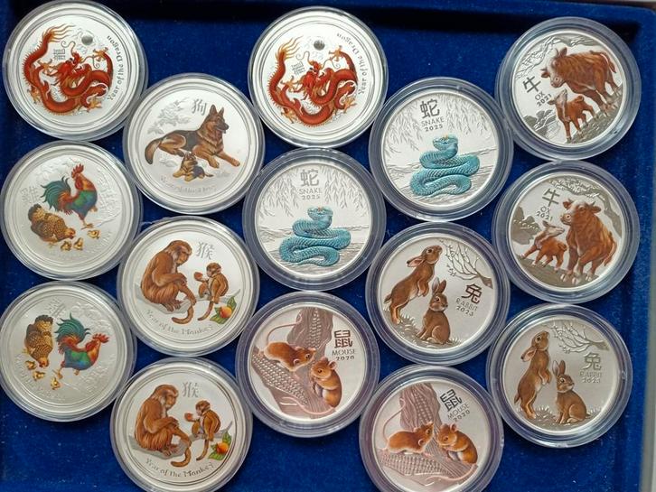 Zilveren Gekleurde Lunar munten, Postzegels en Munten, Edelmetalen en Baren, Zilver, Ophalen of Verzenden