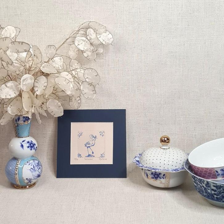 Print ooievaar, blauw passe partout 15x15, handgemaakt, Huis en Inrichting, Woonaccessoires | Schilderijen, Tekeningen en Foto's
