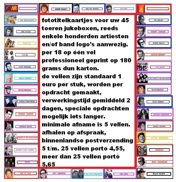 JUKEBOXEN, FOTO TITELKAARTJES, 45 RPM. boxen, part 1, Verzamelen, Automaten | Jukeboxen, Nieuw, Overige merken, 1950 tot 1960