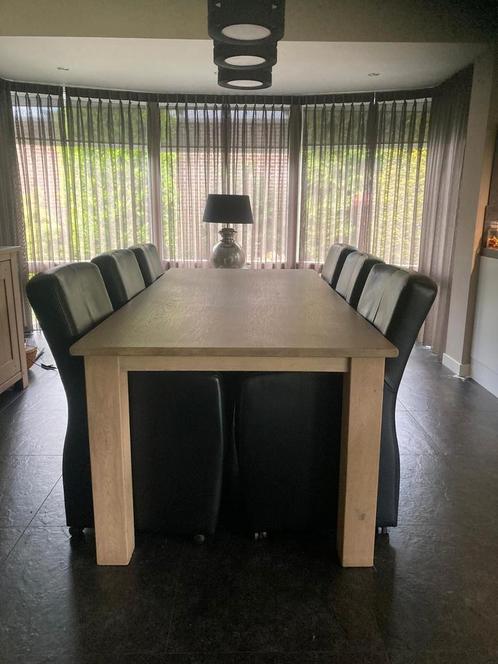 Blank eiken eethoek met 8 lederen stoelen, Huis en Inrichting, Complete eetkamers, Zo goed als nieuw, Ophalen