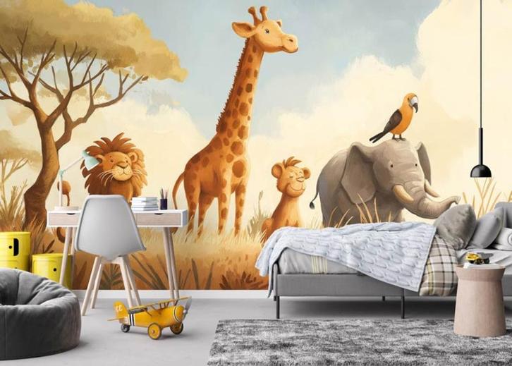 Fotobehang / Behang Kinderkamer Safari Dieren in de Savanne, Huis en Inrichting, Stoffering | Behang, Blauw, Geel, Groen, Oranje