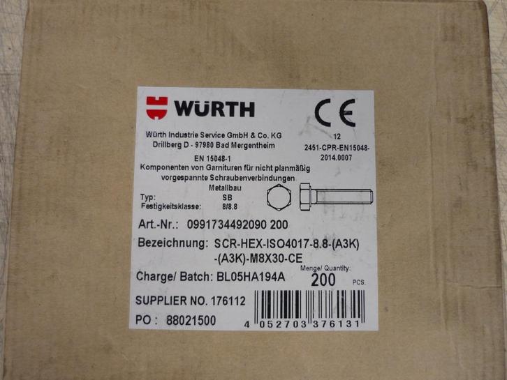 Wurth voldraad bouten m8x30 volle doos 200 stuks zie foto,s, Doe-het-zelf en Verbouw, IJzerwaren en Bevestigingsmiddelen, Nieuw