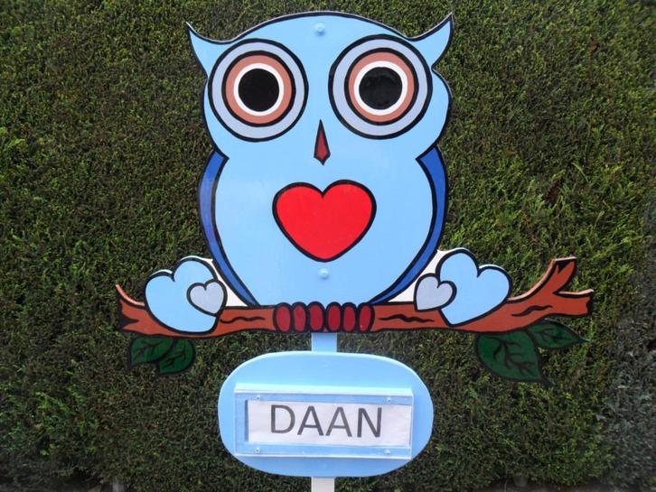 Geboorteborden, geboortebord blauw uil op echt nest., Kinderen en Baby's, Kraamcadeaus en Geboorteborden, Nieuw, Geboortebord