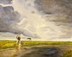 Olieverf schilderij Koeien aan de waterkant, Ophalen of Verzenden