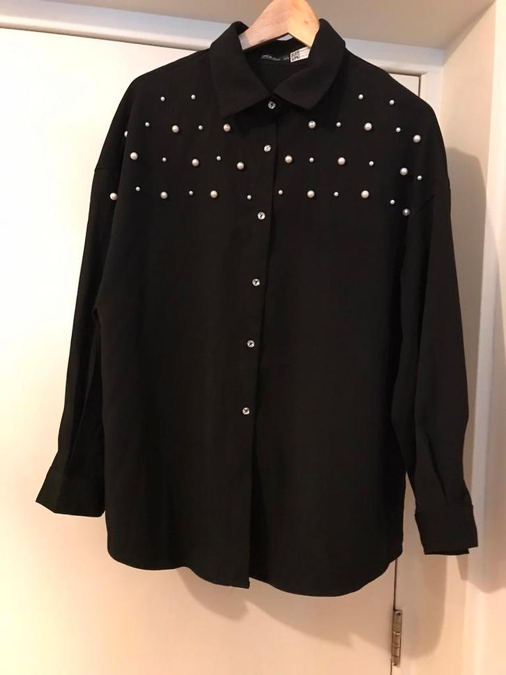 Zwart blouse met parels feestelijk 0xl oto 62cm, Kleding | Dames, Grote Maten, Nieuw, Blouse of Tuniek, Zwart, Verzenden