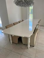 Landelijke grote witgelakte eettafel met 8 leren stoelen, Ophalen, Gebruikt, 100 tot 150 cm, 200 cm of meer