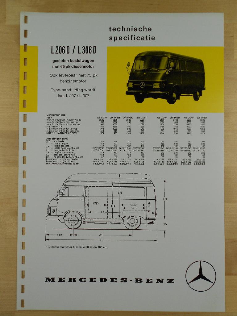 Mercedes 206 306 207 307 Technische Specificatie folder 1973, Zo goed als nieuw, Mercedes-Benz, Mercedes, Ophalen of Verzenden