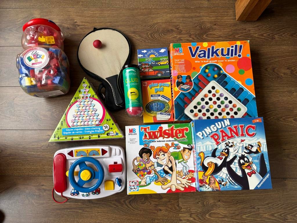 Grote set speelgoed: bordspellen, bouwblokken, tennisset, Ophalen of Verzenden, Gebruikt, Overige merken