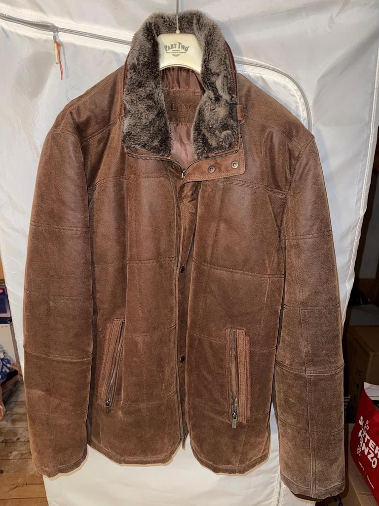 Stijlvolle Leren Jas met Bontkraag - Bruin, Ophalen of Verzenden, Gedragen, Maat 52/54 (L), Bruin