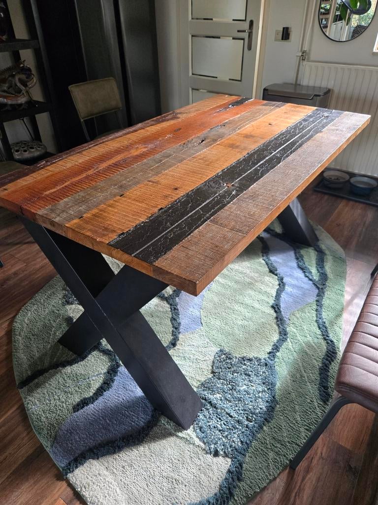 Zware eettafel met dik houten blad en kruispoten, Huis en Inrichting, Tafels | Eettafels, Ophalen, 200 cm of meer, 50 tot 100 cm