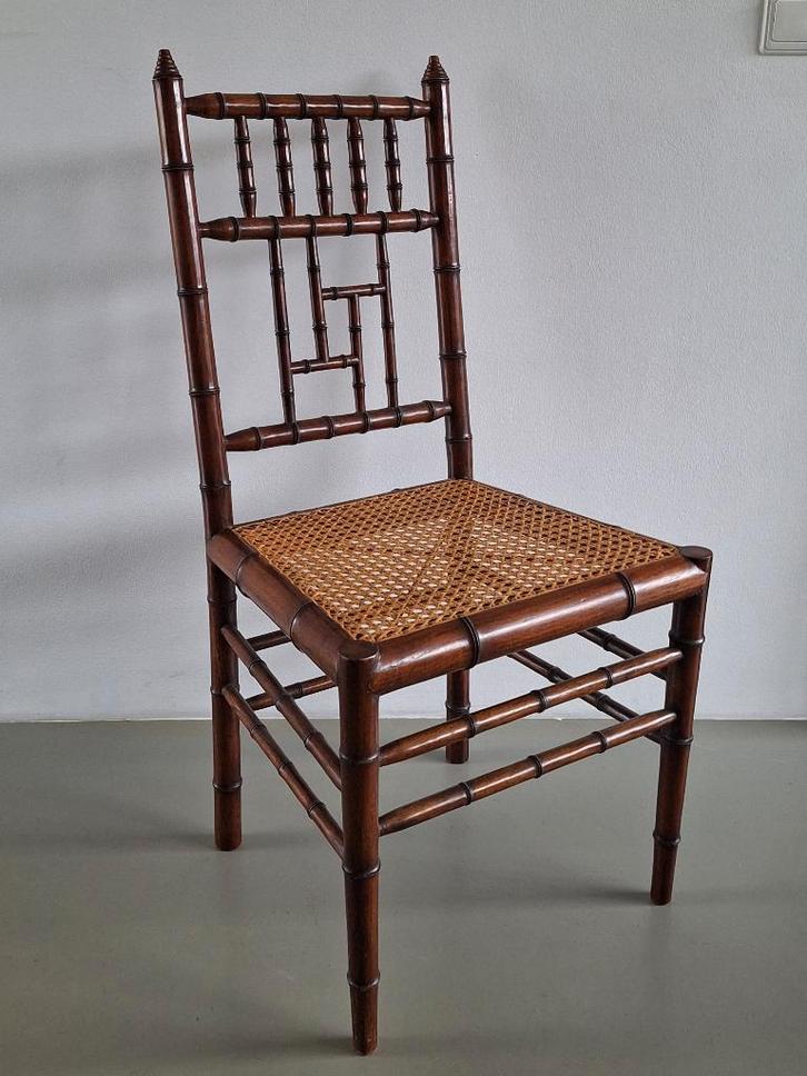 vintage bamboe houten webbing eetkamer-stoel van Faberge, Huis en Inrichting, Stoelen, Gebruikt, Eén, Hout, Overige materialen