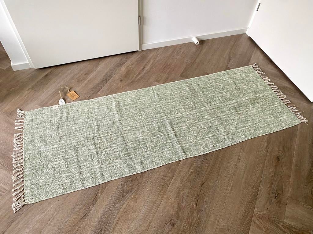 Riviera Maison Vloerkleed 70x180 cm - Groen/Wit Katoen, Wit, Nieuw, 150 tot 200 cm, Rechthoekig